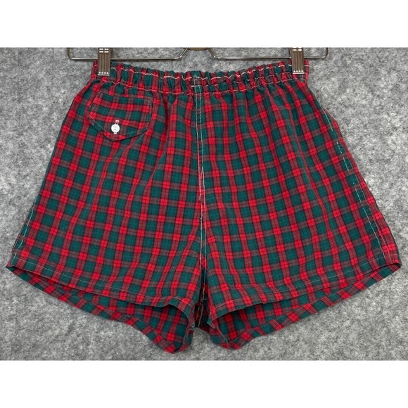 Vintage 50s 60s Campus Swim Shorts Mens S Red Green Plaid Trunks Beach Lined
